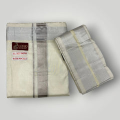 Horad Premium Art Silk Cream With Silver Zari Welcro Dhoti + Angavastram