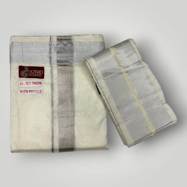 Horad Premium Art Silk Cream With Silver Zari Welcro Dhoti + Angavastram