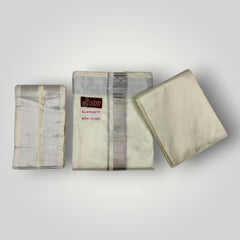HORAD Premium Art Silk Cream with Silver Zari Welcro Dhoti + Shirt Material + Angavastram
