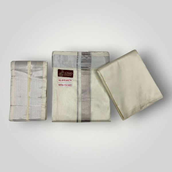 HORAD Premium Art Silk Cream with Silver Zari Welcro Dhoti + Shirt Material + Angavastram