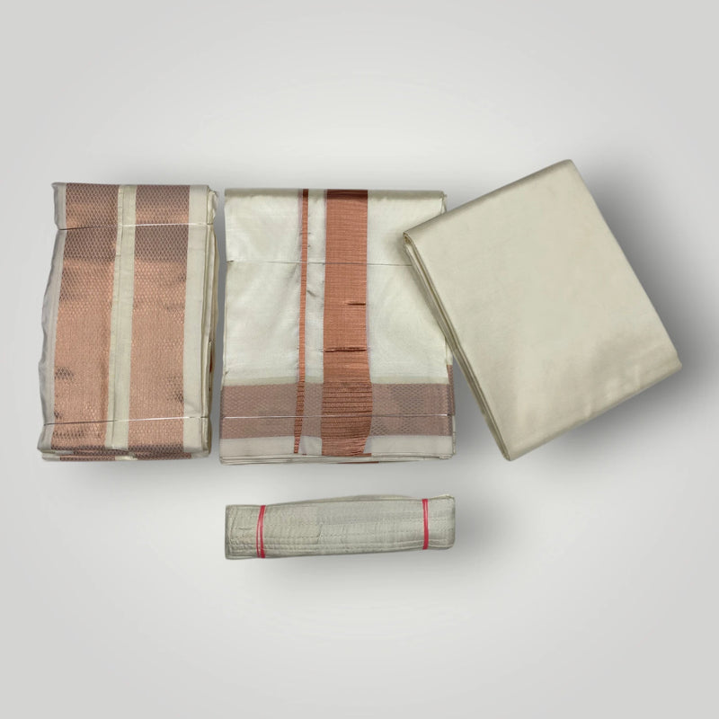 HORAD Premium Art Silk Cream Shirt Material (3 Meter) + (9X5) Cream with Copper Dhoti + Angavastram + Belt