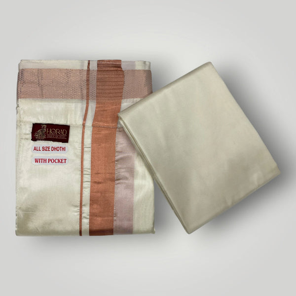 HORAD Premium Art Silk Cream with Copper Welcro Dhoti with Cream Shirt Material