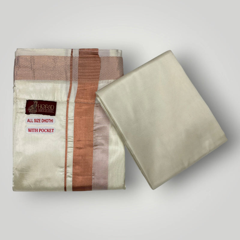 HORAD Premium Art Silk Cream with Copper Welcro Dhoti with Cream Shirt Material