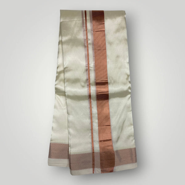 Horad Premium Art Silk Dad and Son Cream Shirt + Cream with Copper Dhoti + Angavastram