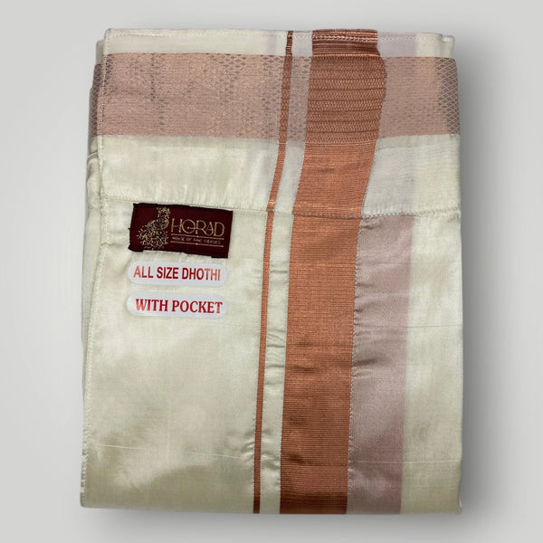 HORAD Premium Art Silk Cream with Copper Welcro Dhoti with Cream Shirt Material + Angavastram