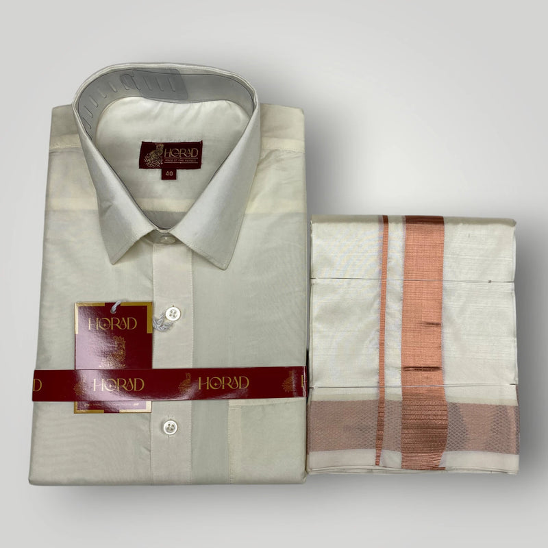 Horad Premium Art Silk Dad and Son Cream Shirt + Cream with Copper Dhoti