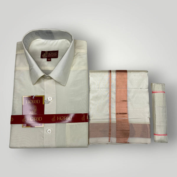 Horad Premium Art Silk Cream Shirt + Cream with Copper Dhoti + Belt