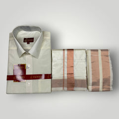 Horad Premium Art Silk Cream Shirt + Cream with Copper Dhoti +  Angavastram