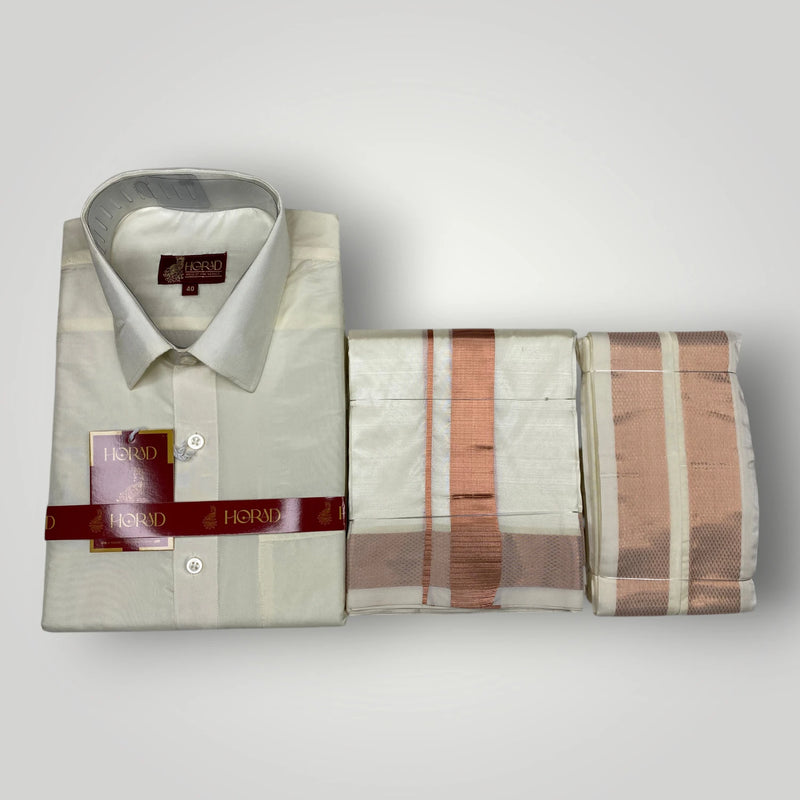 Horad Premium Art Silk Cream Shirt + Cream with Copper Dhoti +  Angavastram