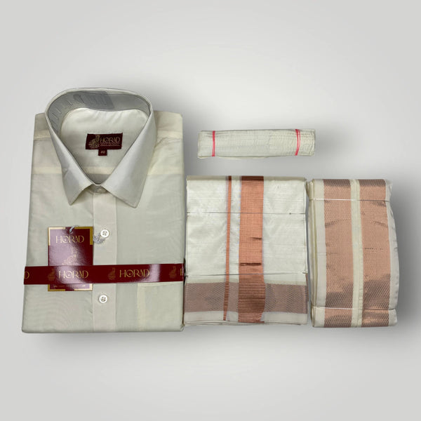 Horad Premium Art Silk Cream Shirt + Copper Zari Dhoti + Angavastram + Belt