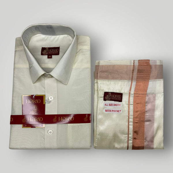 Horad Premium Art Silk Cream Shirt + Cream with Copper Welcro Dhoti