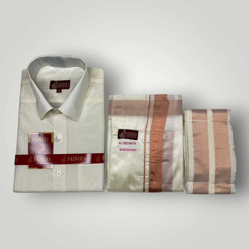 Horad Premium Art Silk Cream Shirt + Cream with Copper Welcro Dhoti + Angavastram