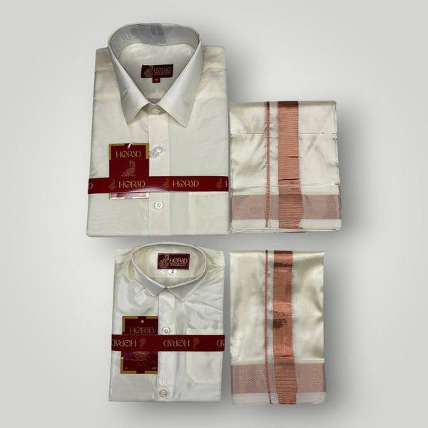 Horad Premium Art Silk Dad and Son Cream Shirt + Cream with Copper Dhoti