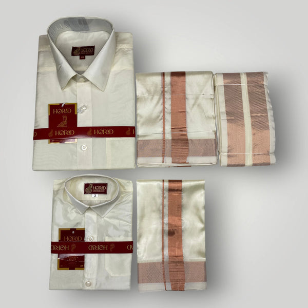 Horad Premium Art Silk Dad and Son Cream Shirt + Cream with Copper Dhoti + Angavastram