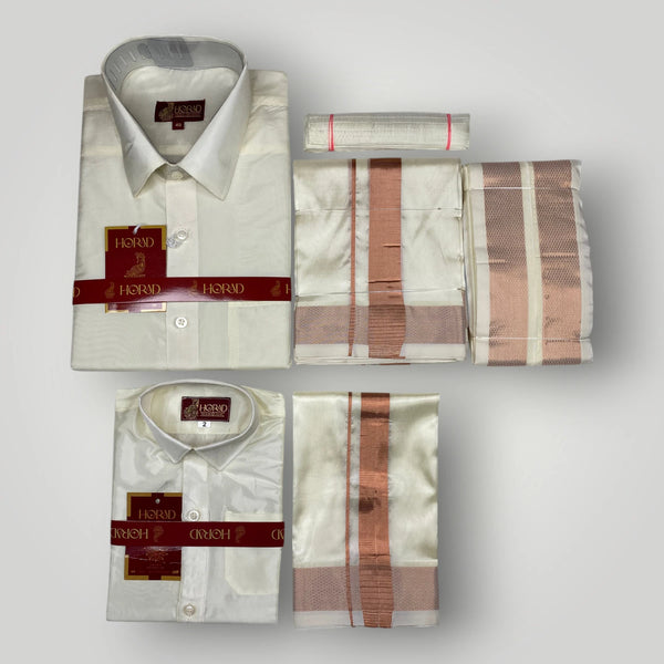Horad Premium Art Silk Dad and Son Cream Shirt + Cream with Copper Dhoti + Angavastram + Belt