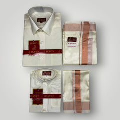 Horad Premium Art Silk Dad and Son Cream Shirt + Cream with Copper Welcro Dhoti