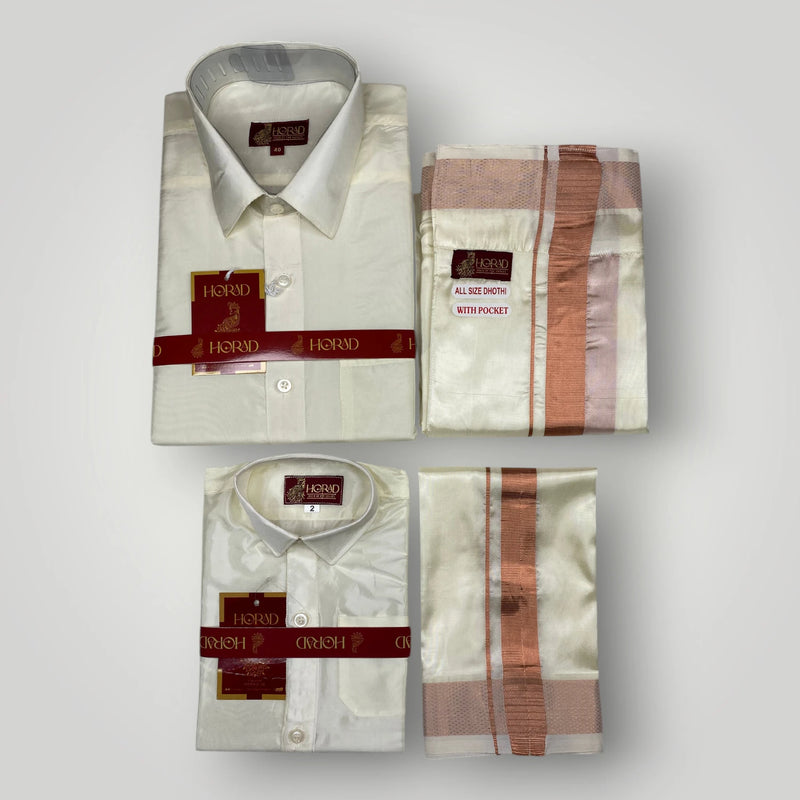 Horad Premium Art Silk Dad and Son Cream Shirt + Cream with Copper Welcro Dhoti