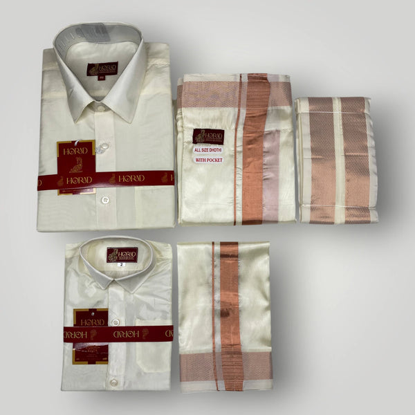 Horad Premium Art Silk Dad and Son Cream Shirt + Cream with Copper Welcro Dhoti + Angavastram