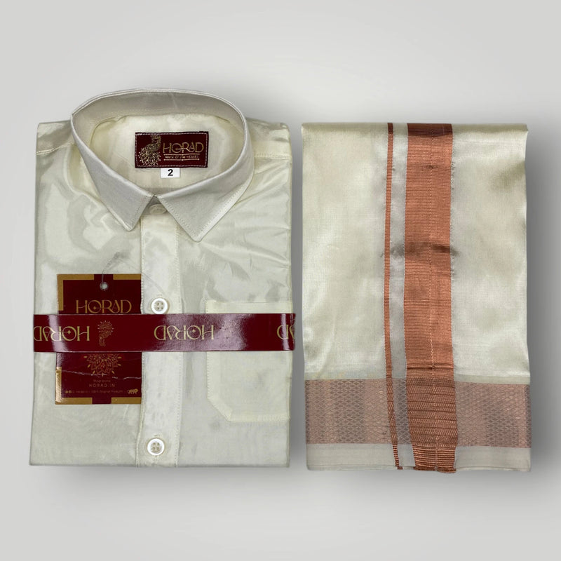 Horad Premium Art Silk Dad and Son Cream Shirt + Cream with Copper Dhoti + Angavastram
