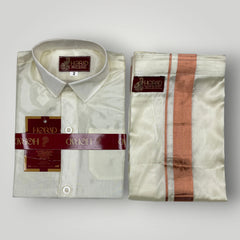 Horad Premium Art Silk Dad and Son Cream Shirt + Cream with Copper Welcro Dhoti