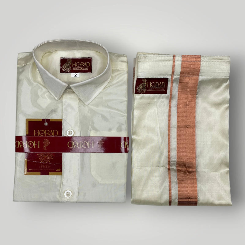 Horad Premium Art Silk Dad and Son Cream Shirt + Cream with Copper Welcro Dhoti