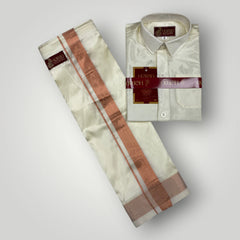 Horad Premium Art Silk Dad and Son Cream Shirt + Cream with Copper Dhoti + Angavastram