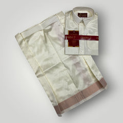 Horad Premium Art Silk Dad and Son Cream Shirt + Cream with Copper Welcro Dhoti