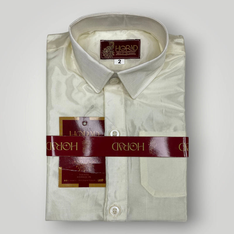 Horad Premium Art Silk Dad and Son Cream Shirt + Cream with RoseGold+Gold Border Dhoti + Belt