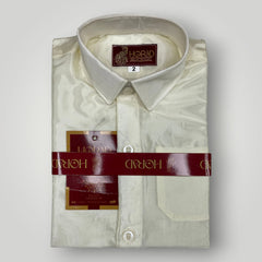 Horad Premium Art Silk Dad and Son Cream Shirt + Cream with RoseGold+Gold Border Dhoti + Angavastram + Belt
