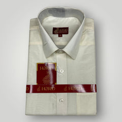 Horad Premium Art Silk Dad and Son Cream Shirt + Cream with FIR.Green+Silver Border Welcro Dhoti + Angavastram