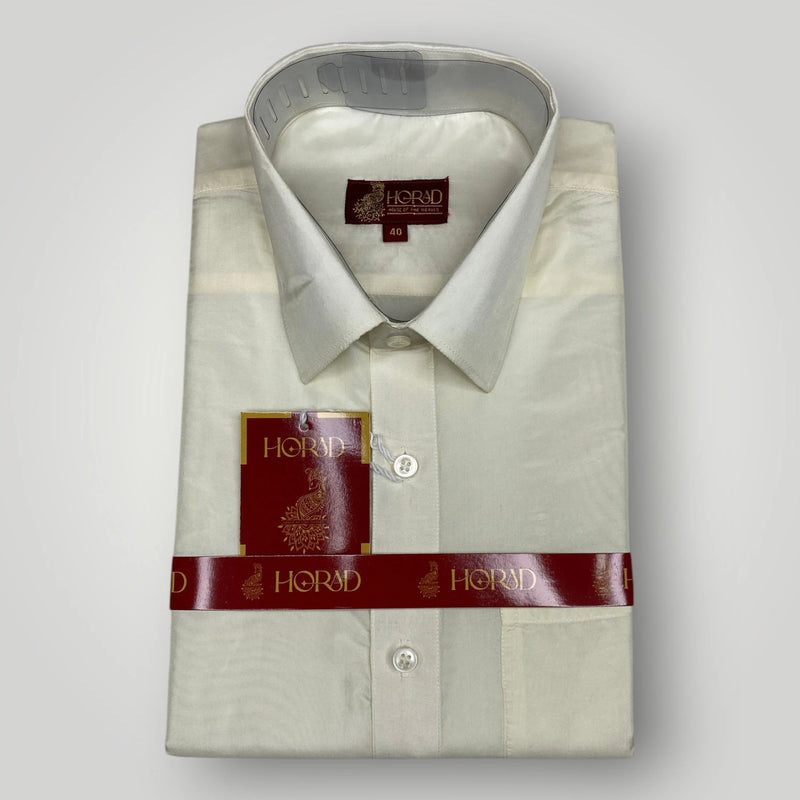 Horad Premium Art Silk Dad and Son Cream Shirt + Cream with RoseGold+Gold Border Dhoti + Angavastram