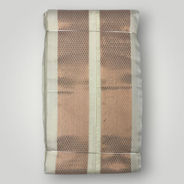 HORAD Premium Art Silk Cream with Copper Dhoti with Cream Shirt Material + Angavastram + Belt