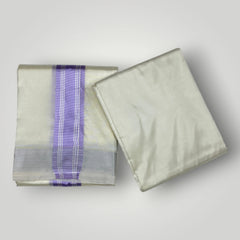 HORAD Premium Art Silk Cream with Lavender+Silver Border Dhoti with Cream Shirt Material