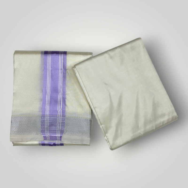 HORAD Premium Art Silk Cream with Lavender+Silver Border Dhoti with Cream Shirt Material