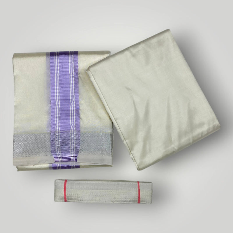 HORAD Premium Art Silk Cream with Lavender+Silver Border Dhoti with Cream Shirt Material + Belt