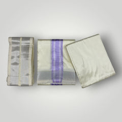 HORAD Premium Art Silk Cream with Lavender+Silver Border Dhoti with Cream Shirt Material + Angavastram