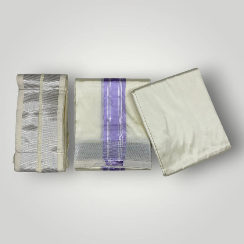 HORAD Premium Art Silk Cream with Lavender+Silver Border Dhoti with Cream Shirt Material + Angavastram
