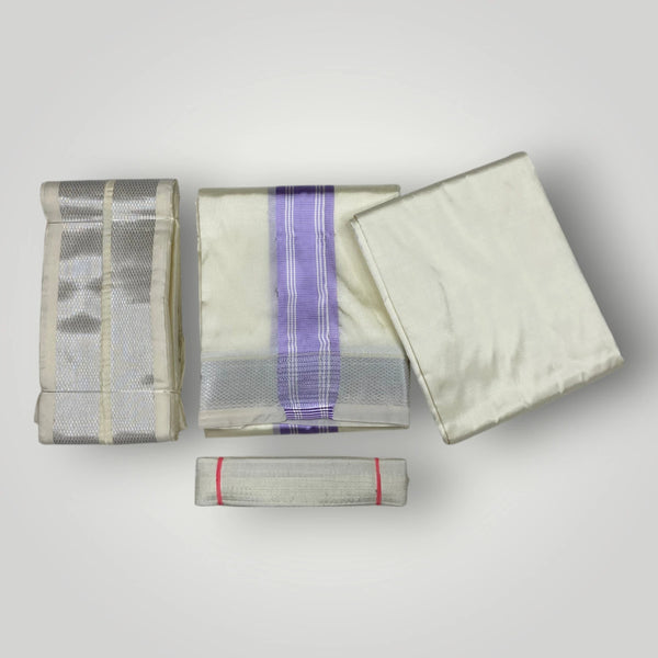 HORAD Premium Art Silk Cream with Lavender+Silver Border Dhoti with Cream Shirt Material + Angavastram + Belt