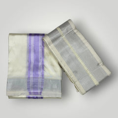 HORAD Premium Art Silk Cream with Lavender+Silver Border Dhoti + Angavastram