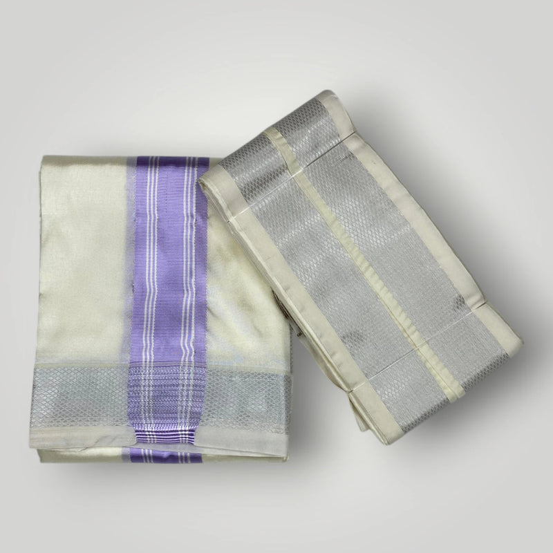 HORAD Premium Art Silk Cream with Lavender+Silver Border Dhoti + Angavastram