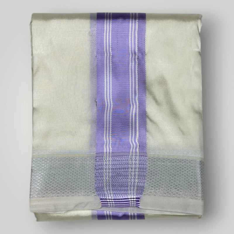 HORAD Premium Art Silk Cream with Lavender+Silver Border Dhoti with Cream Shirt Material + Angavastram
