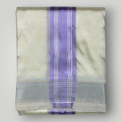 HORAD Premium Art Silk Cream with Lavender+Silver Border Dhoti with Cream Shirt Material + Angavastram + Belt