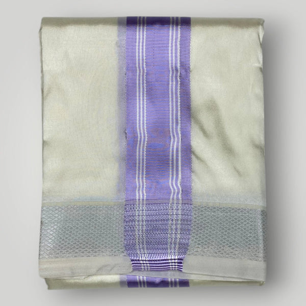 HORAD Premium Art Silk Cream with Lavender+Silver Border Dhoti with Lavender Shirt Material + Angavastram