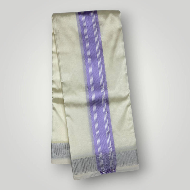 HORAD Premium Art Silk Cream with Lavender+Silver Border Dhoti with Lavender Shirt Material + Angavastram