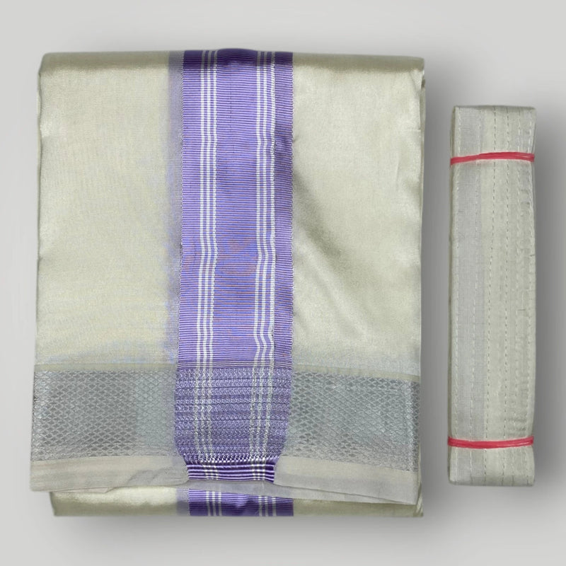 HORAD Premium Art Silk Cream with Lavender+Silver Border Dhoti with Lavender Shirt Material + Angavastram + Belt
