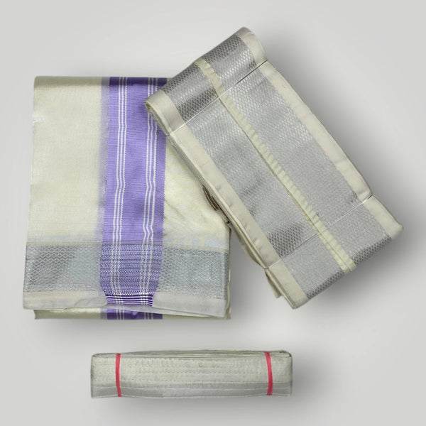HORAD Premium Art Silk cream with Lavender+Silver Border Dhoti + Angavastram + Belt