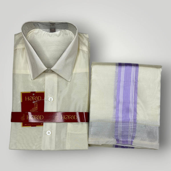 Horad Premium Art Silk Cream Shirt +Cream with  Lavender + Silver Border Dhoti