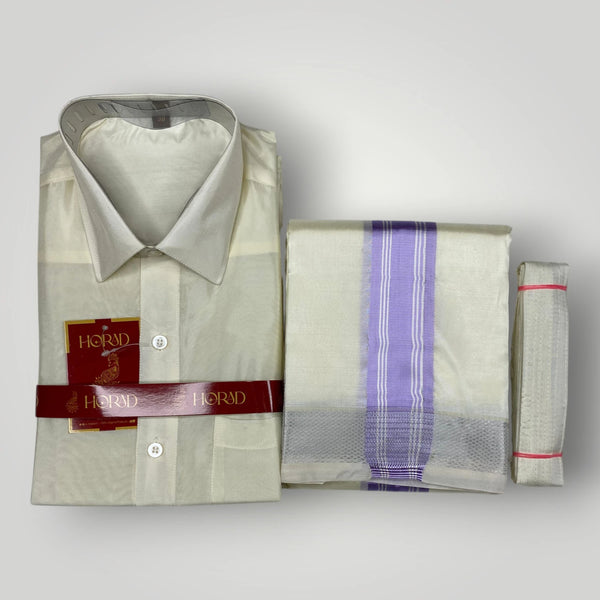Horad Premium Art Silk Cream Shirt + Cream with Lavender + Silver Border Dhoti + Belt