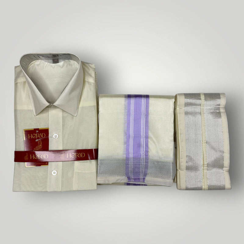 Horad Premium Art Silk Cream Shirt +Cream with Lavender + Silver Border Dhoti + Angavastram