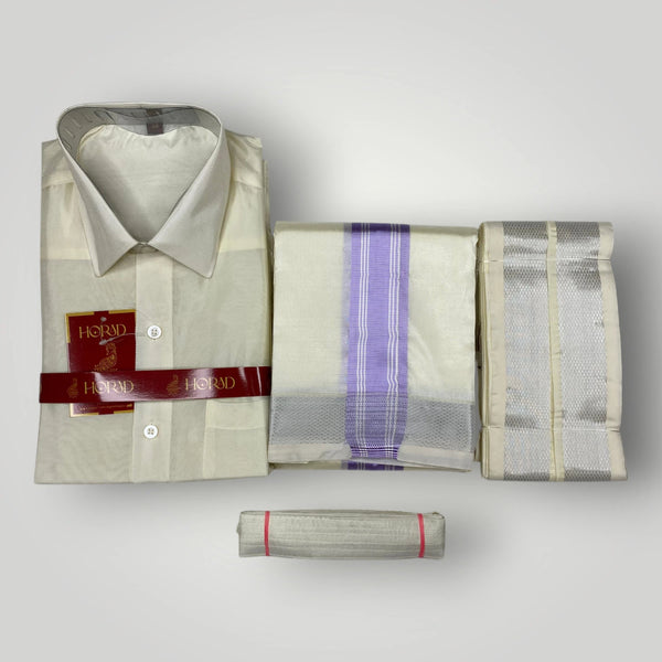 Horad Premium Art Silk Cream  Shirt + Cream with Lavender + Silver Border Dhoti + Angavastram + Belt